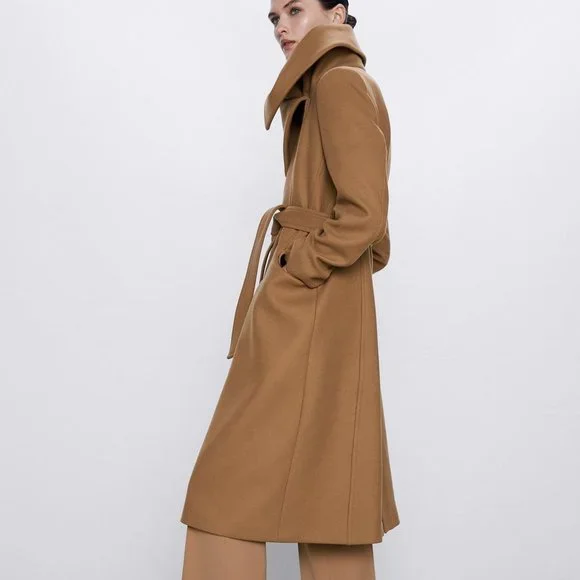Zara Camel Wool Coat with Wrap Collar